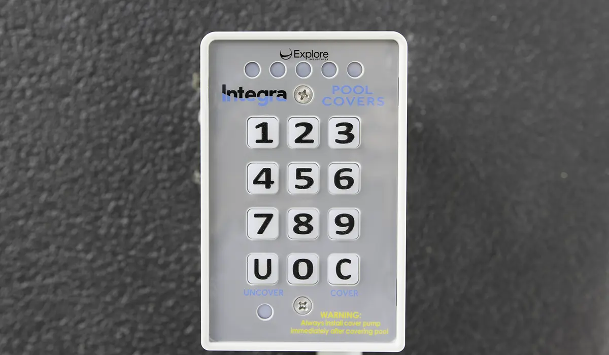 Mounted control switch for Integra automatic pool covers ensuring only authorized operation and safety.